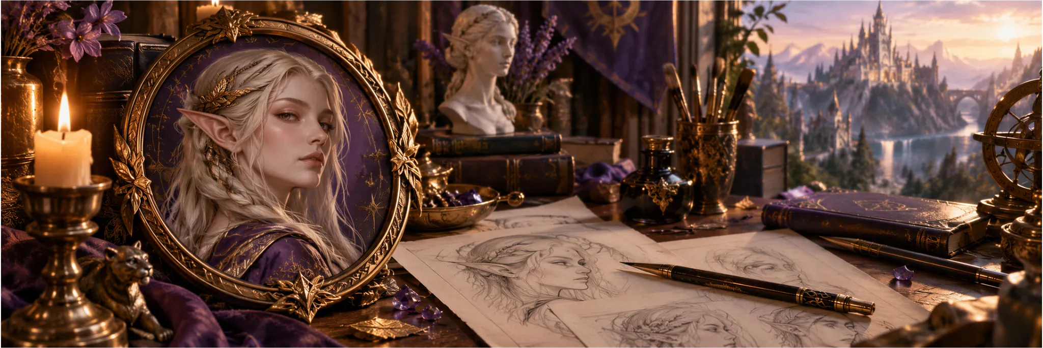 Portrait elfique dans un atelier fantastique