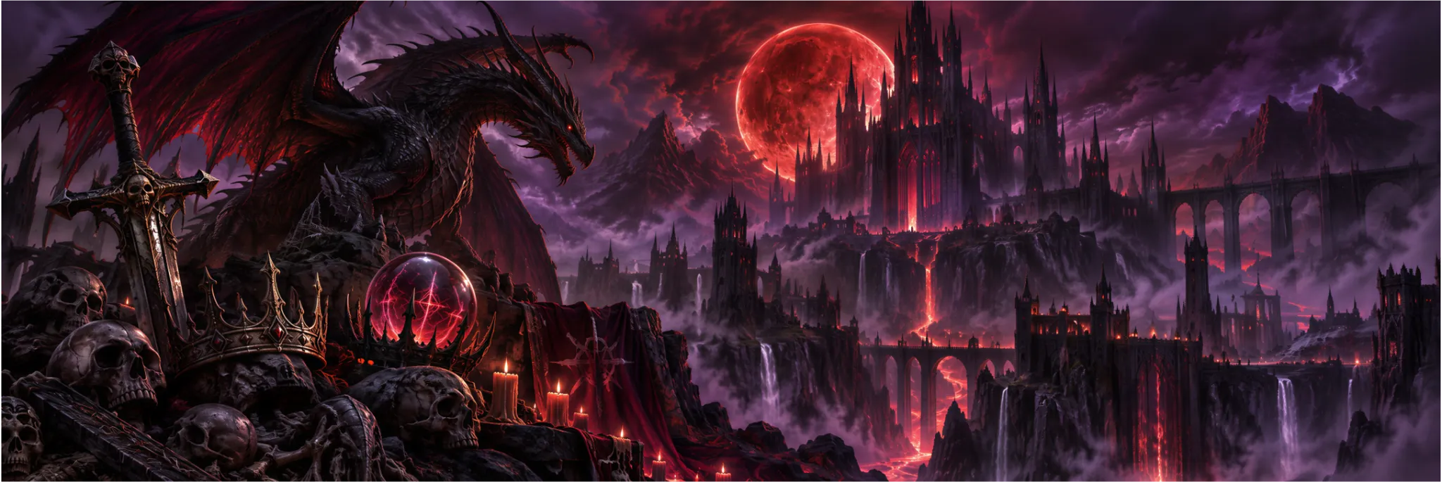 Dragon surplombant une citadelle de dark fantasy